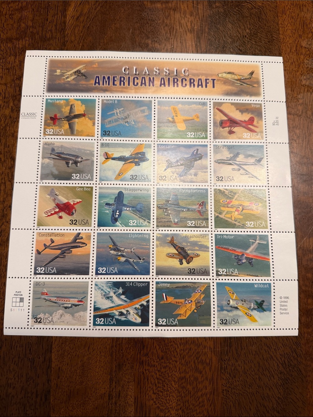 Classic American Aircraft Collectible Stamp Sheet – White